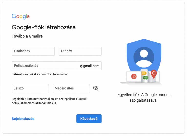 Google fiók létrehozása